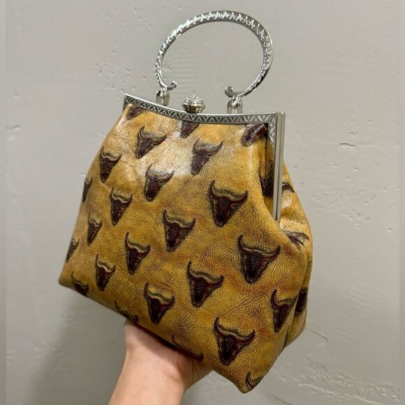 Longhorn Genuine Embossed Leather Vintage Style Top Handle Bag With Long Chain - Picture 10 of 16